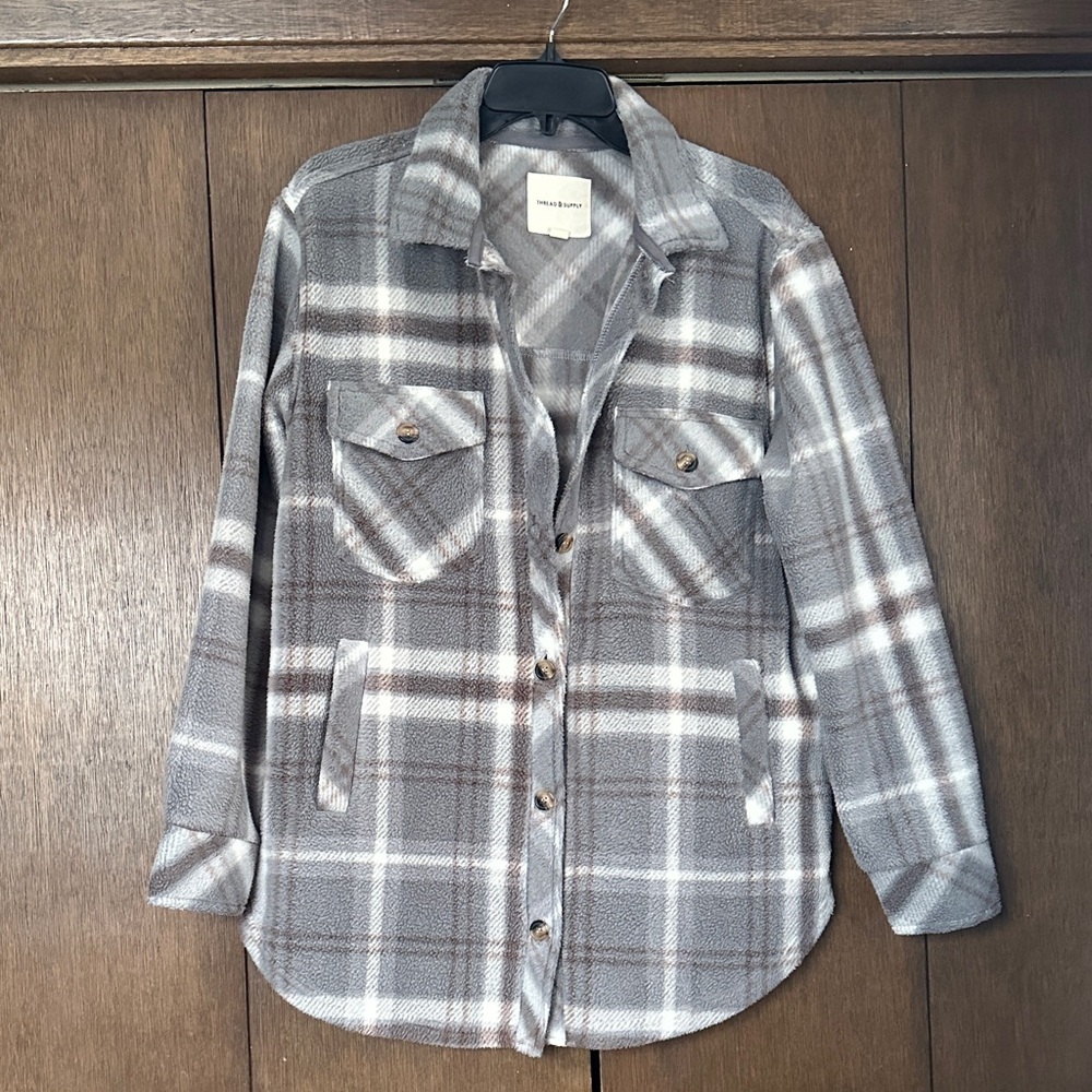 Thread & Supply Soft Gray and Cream Fabric button up.